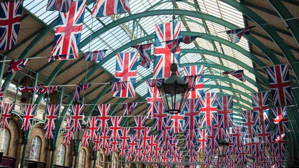 Union Jacks strung up in Covent Garden, London for the Queen's Diamond Jubilee